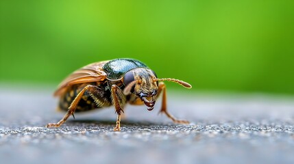 Poster - Closeup of a beetle on a surface with a vibrant blurred green background in nature : Generative AI