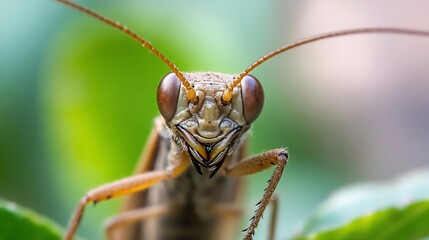 Poster - Close Up of Praying Mantis with Intense Eye Detail on Lush Greenery Background : Generative AI