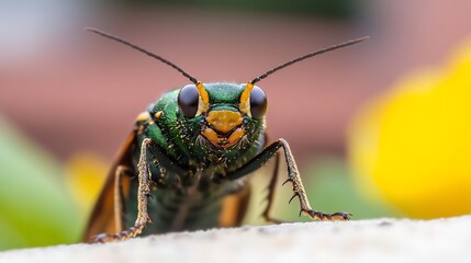 Poster - Closeup of Vibrant Green and Red Insect with Striking Antennae on Leaf : Generative AI
