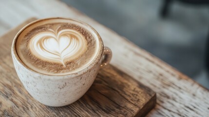 Poster - Artistic Coffee Cup with Heart Latte Art on Rustic Wooden Table : Generative AI