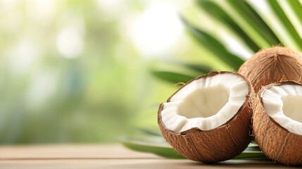 Poster - Closeup of Fresh Coconut Halves on Wooden Table with Natural Green Leaf Background : Generative AI