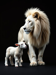 Poster - A Profile Of A White Lamb And Lion Is Isolated On A Simple Black Background With Artificial Intelligence Generated Imagery Nearby. 00003