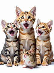Poster - A Portrait Of Three Surprised Animals, Cats And A Mouse, Isolated Against A White Background With Transparent Png Edges Surrounding Them. 00002