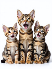 Poster - A Portrait Of Three Surprised Animals, Cats And A Mouse, Isolated Against A White Background With Transparent Png Edges Surrounding Them. 00003