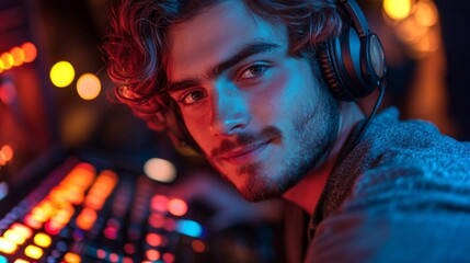 Poster - A young man with curly hair and headphones intently engages with a gaming keyboard illuminated by vibrant colors in a dimly lit room.