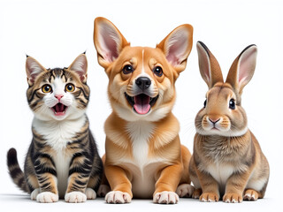 Poster - A Portrait Of A Surprised Cat, Dog, And Rabbit Generated By Ai, Isolated On White With A Transparent Png Background. 00002