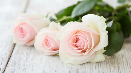 Poster - Delicate Pale Pink Roses Arranged on Wooden Rustic Surface for Romantic Floral Decor : Generative AI