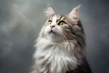 Wall Mural - Portrait of a happy laperm cat in soft gray background