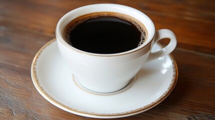 Aufkleber - Classic white ceramic cup filled with hot black coffee on a brown wooden table : Generative AI