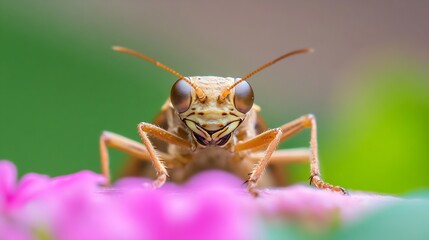 Poster - Closeup of Curious Grasshopper on Bright Pink Flower in Nature : Generative AI