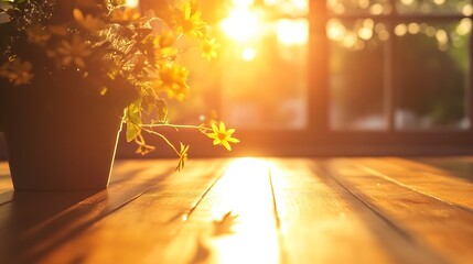 Poster - Golden Hour Sunlight on Wooden Surface with Flower Pot Display : Generative AI