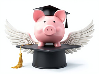 Poster - A Piggy Bank Sits Proudly Atop A Graduation Cap And Wings, Isolated On A Clean White Background In Transparent Png Format. 00002