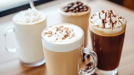 Poster - Assortment of Delicious Creamy Hot Beverages in Clear Mugs on Wooden Table : Generative AI