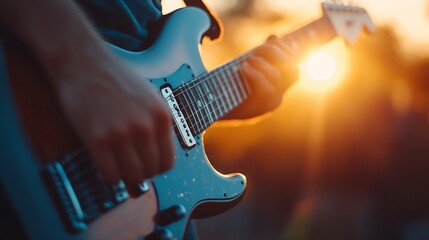 Poster - Electric Guitar Player Performing Live At Sunrise With Striking Silhouette And Golden Light : Generative AI