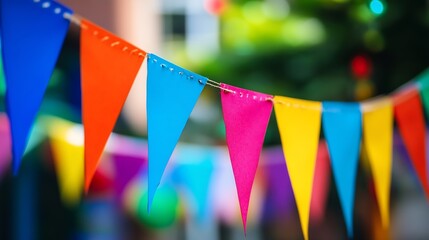 Poster - Colorful Outdoor Party Bunting Flags in Bright Summer Day : Generative AI