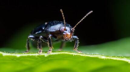 Poster - Closeup of a dark beetle on green leaf showcasing detailed natural wildlife : Generative AI