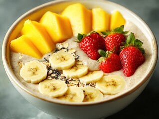 Wall Mural - Colorful smoothie bowl topped with fresh fruits in a stylish bowl ready to be served