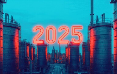 Poster - A futuristic industrial landscape with glowing 