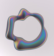 Aufkleber - Holographic liquid substance of oval shape with a hole in the middle on a white background. 3D illustration of a strange futuristic organic shape in shimmering pearlescent colors.