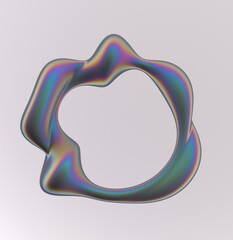 Aufkleber - Holographic liquid substance of oval shape with a hole in the middle on a white background. 3D illustration of a strange futuristic organic shape in shimmering pearlescent colors.