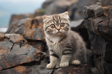 Sticker - Portrait of a cute scottish fold cat isolated on rocky cliff background