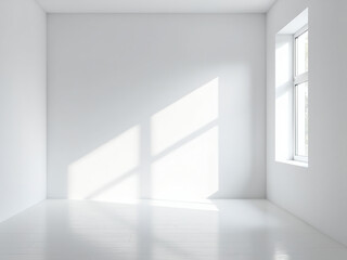 Poster - A Minimalist Room Features A Sunny White Space With A Blank Wall And Natural Light Pouring In Through A Bright Window. 00001