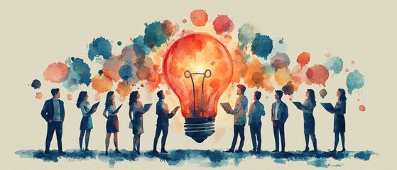 Wall Mural - Creative Team Collaboration With Watercolor Illustration of Light Bulb and Diverse Business People in Discussion