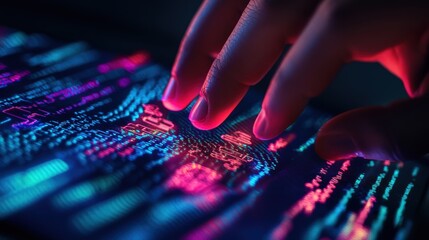 Aufkleber - fingers interacting with vibrant lines of code on a touchscreen illustrate innovative programming in