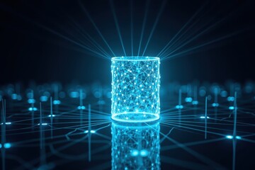 Poster - Glowing Cylinder with Light Rays and Network Connections in a Futuristic Digital Environment