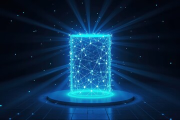 Poster - Futuristic Neon Cylinder with Brilliant Light Rays and Sparkling Particles in a Digital Space