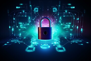 Poster - closed padlock securing sensitive data in a futuristic digital environment, symbolizing cybersecurit