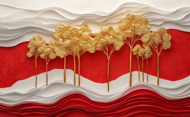 Wall Mural - a concrete wall with textured stucco molding, presenting a white and red wave abstract design with g