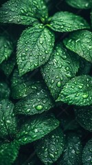 Poster - Close up of lush green leaves covered in fresh water droplets, creating a natural and refreshing texture. The intricate patterns of the leaves and droplets suggest a serene, rainy atmosphere