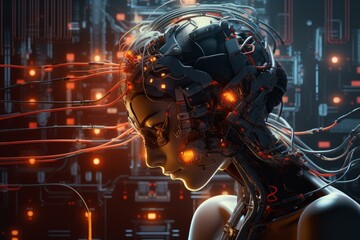 Poster - Profile of a cyborg woman connecting her brain to futuristic network in a server room, wires and orange lights