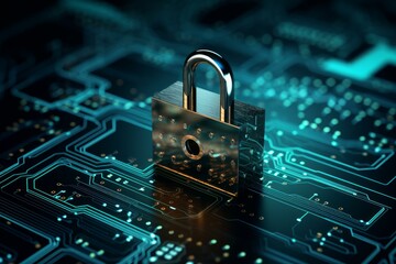 Poster - metal closed padlock standing on a circuit board is securing data and connections