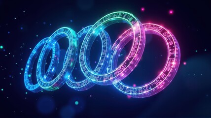 Poster - Vibrant Glowing Circles with Digital Pattern, Abstract Colorful Rings Radiating Light, Futuristic Background with Sparkling Elements and Bright Neon Effects