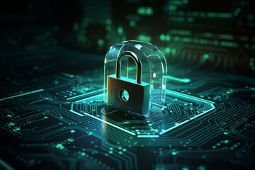 Poster - Glass and metal padlock securing data on glowing green circuit board, representing cybersecurity and data protection