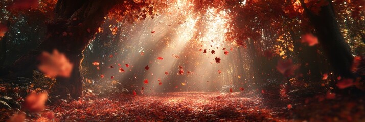 Poster - Autumn leaves gracefully falling in a serene forest with sunlight streaming through the trees. Generative AI