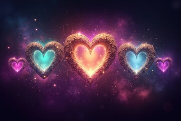 Poster - Colorful Hearts in Cosmic Dimensions, Radiating Love and Warmth with a Mystical Background for Romantic and Artistic Expressions