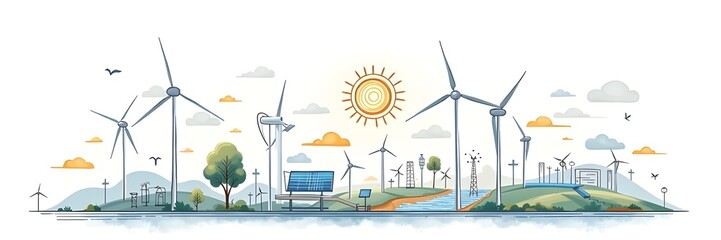 hand-drawn infographic of renewable energy sources like wind, solar, and hydropower