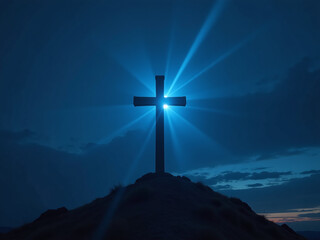 Poster - A Majestic Christian Cross Illuminated By A Soft Blue Light Ray In The Darkness Of A Quiet Night Sky. 00003