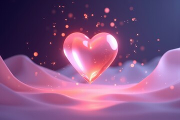 Poster - Luminous Heart Sculpture on Soft Fluid Surface with Sparkling Particles for Artistic and Romantic Themes in Modern Design