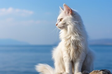 Wall Mural - Portrait of a cute turkish angora cat isolated on serene seaside background