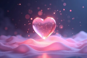 Poster - Luminous Heart Sculpture Glowing Amid Soft Pink Fabric, Captivating Light Particles in Dreamy Atmosphere Perfect for Romantic and Artistic Projects