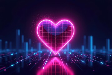 Poster - Vibrant Neon Heart in a Digital Landscape Reflecting Love and Connectivity in the Metaverse, Symbolizing Modern Relationships and Virtual Emotions