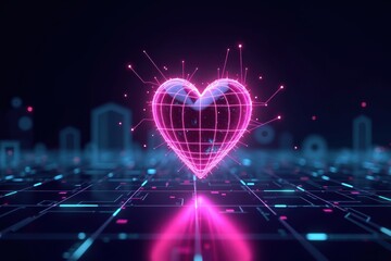 Poster - Digital Heart in the Metaverse: A Stunning Visualization of Love and Connection in a Virtual Reality Realm with Neon Colors and Geometric Shapes