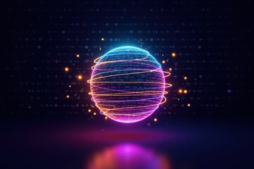 Poster - Futuristic Abstract Sphere with Dynamic Light Trails and Glowing Binary Code Against a Dark Background for Technology and Innovation Concepts