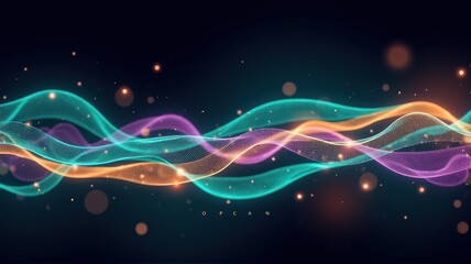 Poster - Vibrant Abstract Visualization of Light Waves and Particles in Motion, Depicting a Beautiful Flow of Energy and Colorful Rays Against a Dark Background