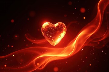 Poster - Glowing Glass Heart Surrounded by Firelight with Magical Swirls and Sparkles in a Dark Atmosphere for Romantic and Emotional Themes