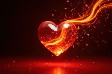 Poster - Illuminated Glass Heart Surrounded by Radiant Firelight Sparks, Symbolizing Love and Passion in a Captivating Visual Experience